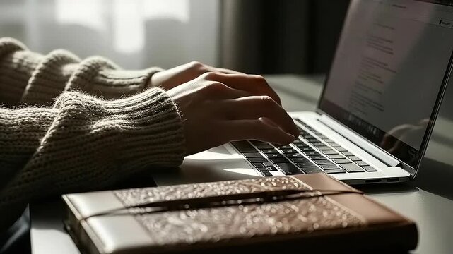 Woman in a cozy sweater typing on a laptop keyboard at a desk.