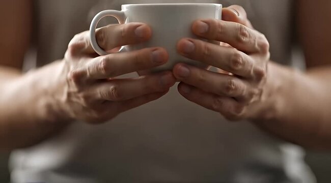 A person holding a white cup with both hands with visible steam
