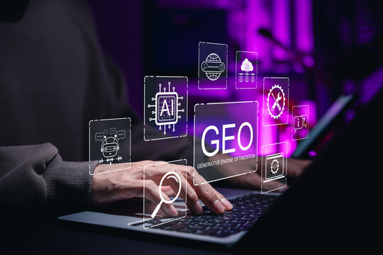GEO Generative Engine Optimization Concept. Professional using laptop with AI icons represents advanced SEO tech, AI search, website strategy, answer content automation, data driven digital marketing,