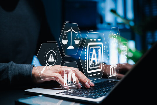 Artificial intelligence regulation and ethics concept. AI law ethics, Person using laptop with interface showing AI chip, legal compliance, scale, justice and data protection icon for digital policy.