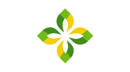 A stylized floral emblem with a four-petal design in green and yellow hues, on a white background