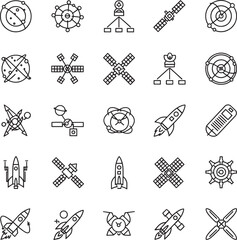 Space Technology Line Icons Set, Satellite, Rocket, Astronomy, Orbital System, Space Exploration, Astronomy Science Outline Vector Icons Collection © MD.Arafat