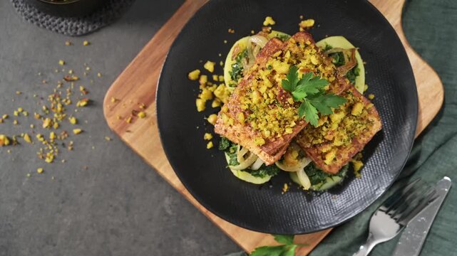 A gourmet plant-based meal featuring golden-brown tofu steaks served over vibrant saut&eacute;ed spinach and onions. The overhead shot highlights the crunchy breadcrumb texture and warm natural lighting.
