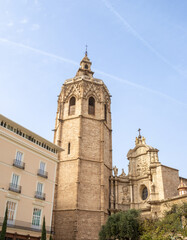 Fototapeta premium Valencia Cathedral and Miguelete Tower (Micalet) from Plaza de la Reina, Spain