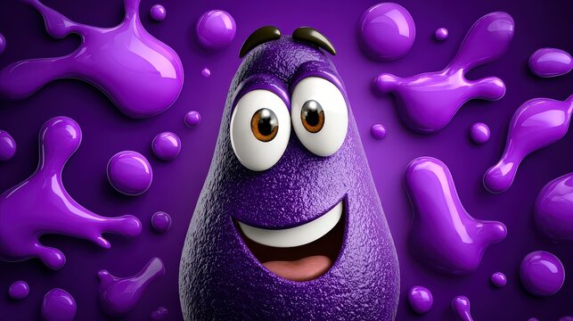 Happy Purple Cartoon Character with Glossy Slime Splash Background