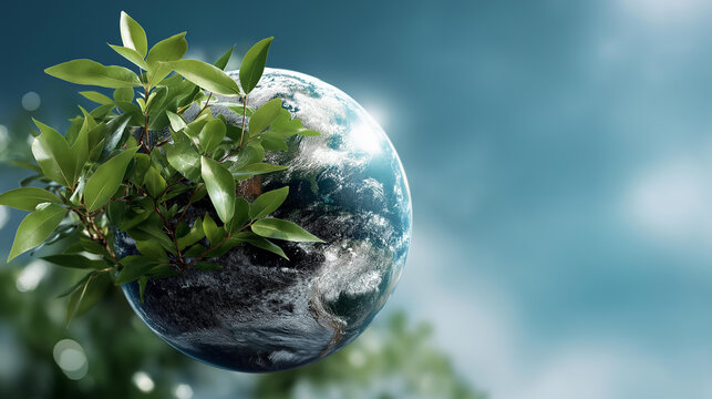 Earth in sky representing carbon emission reduction plan in modern environmental graphic concept, planetary preservation, with copy space
