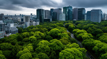 Fototapeta premium Lush green cityscape surrounded by trees emphasizing sustainable urban planning and nature conservation for future generations, with copy space