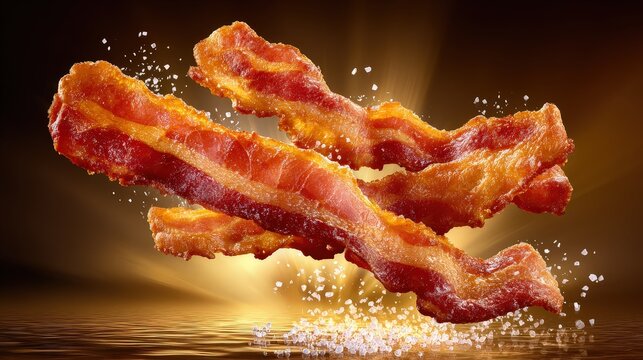 Crispy Fried Bacon Strips with Flying Salt on Golden Background