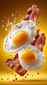 Gourmet Levitating Breakfast with Fried Eggs and Crispy Bacon