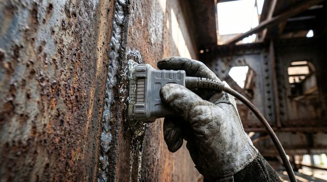 Ultrasonic non destructive testing probe applied to vertical industrial steel weld seam