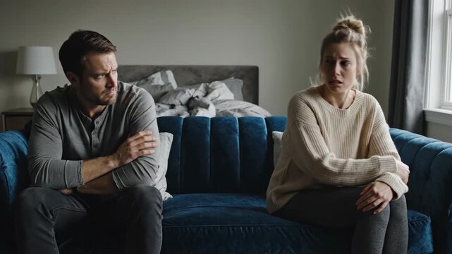Couple sitting on couch apart with crossed arms facing away from each other in a state of domestic tension and conflict.