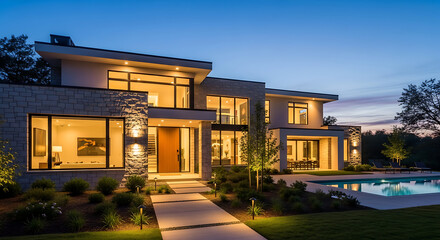 Obraz premium Twilight view of modern home, illuminated facade, luxury estate, evening ambiance