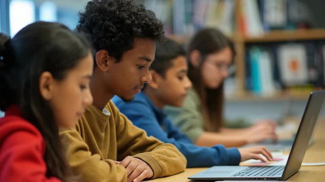 Multiethnic students using laptop during computer class.