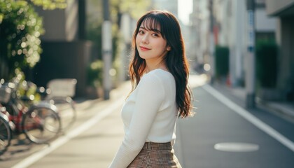 Fototapeta premium 住宅街の路地で振り返り笑顔を見せる若い女性