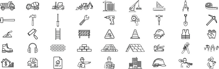 Construction tools and equipment line icons set, building machinery outline collection, engineering symbols, repair tools, safety gear, architecture elements, industrial vector illustration pack © Razia