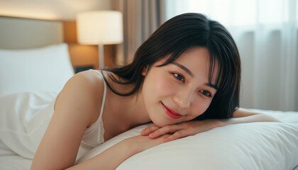 Fototapeta premium ベッドでうつ伏せになり優しく微笑むキャミソール姿の若い女性