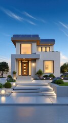 Modern Luxury Eco-Friendly Home with Solar Panels at Dusk