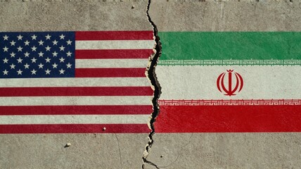 USA and Iran flags on cracked wall show conflict
