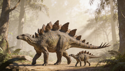 Fototapeta premium Adult stegosaurus walking with baby in prehistoric forest. Giant herbivore dinosaur mother and calf roaming jungle. Ancient wildlife ecosystem, paleontology and evolutionary biology.