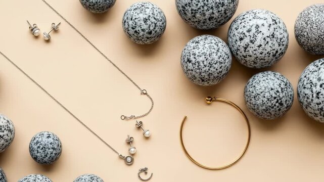 A flat lay of jewelry and decorative balls on a beige background