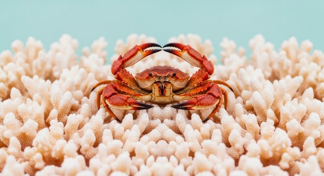 Close up of a crab on textured coral against a light blue background