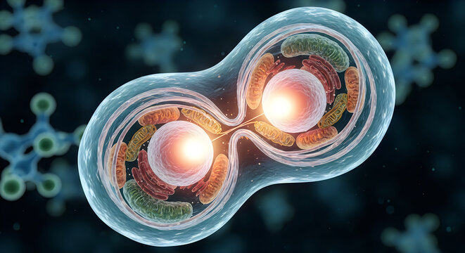 A microscopic view of two cells undergoing the process of cytokinesis.