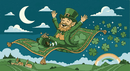 Leprechaun flying on magic carpet with shamrocks and rainbow under crescent moon