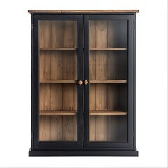 A wall mounted wooden cabinet, double door glass cabinet, matte black painted finish, minimal distressing, modern farmhouse style, premium look, on a white background