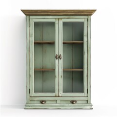 Obraz premium A wall mounted wooden cabinet, double glass doors, soft sage green painted finish, light distressing on edges, farmhouse cottage style, antique brass knobs, on a white background, product photography 