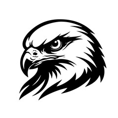 Fototapeta premium Eagle head illustration, bird of prey, sharp eyes, fierce gaze, black and white artwork, wildlife symbol, majestic creature, sharp beak, feathers, graphic design, animal logo, predatory bird, nature i