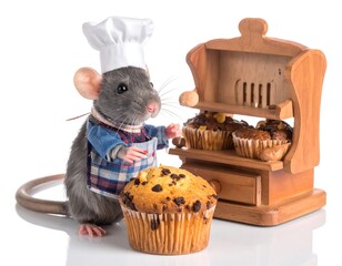 Mouse baker in chef's hat next to muffins in a wooden cabinet on a white surface, cute and charming