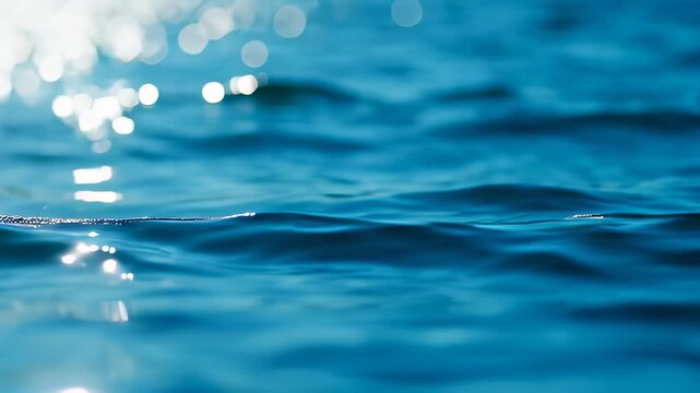 Close-up view of shimmering blue ocean waves with soft sunlight reflections in a cinematic liquid background, ideal for relaxing nature concepts.