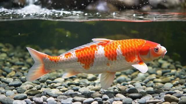 Orange And White Koi Fish Swimming Over Pebbles In Clear Water