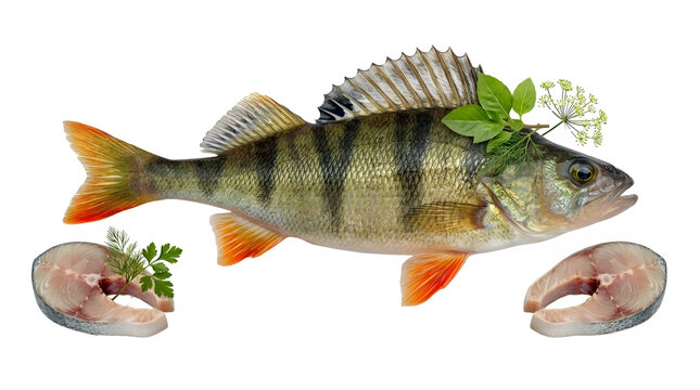Fresh perch fish with herbs and raw fillets