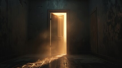 Fototapeta premium In a dark, empty concrete room, a door is slightly open, revealing dazzling golden light rays and dense atmospheric fog and mist.