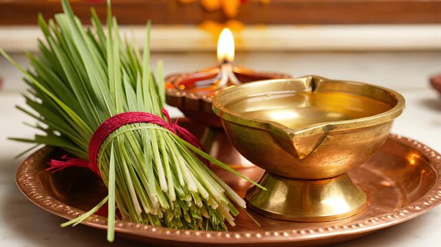 Brass diya oil lamp with water and green grass tied with red string on copper plate with soft lighting