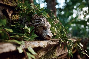 Fototapeta premium Stone Lion Head Surrounded by Green Vines in a Forest Setting During Daytime With Soft Sunlight Filtering Through Trees
