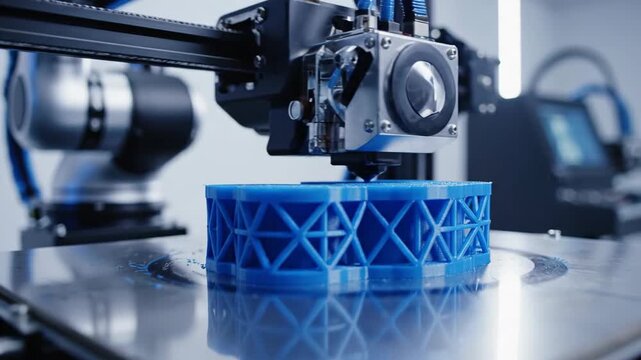 3D printer fabricating a blue, cylindrical, lattice structure on a shiny metal surface in a bright, clean environment