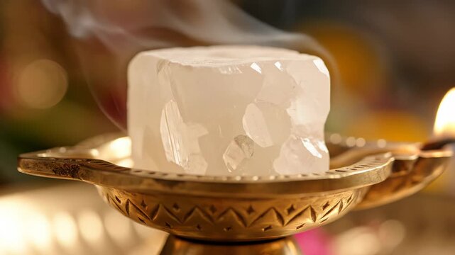 Close Up Of Camphor Burning In An Oil Lamp With Smoke Rising In Soft Lighting