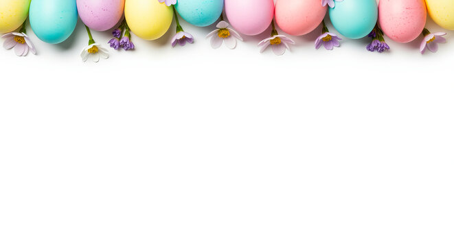 assortment of pastel eggs and a few small spring flowers arranged along the top edge leaving generous blank space at the center and bottom for copy
