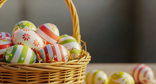wicker basket of decorated eggs positioned left, right side intentionally empty and smooth for text overlay