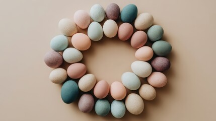 Assorted pastel colored ovoid objects form a circular arrangement on a neutral surface