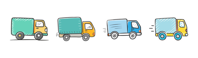 Set of four cartoon style delivery trucks in various colors and designs for transport.