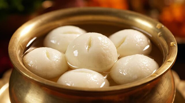 Close Up Of White Rasgulla Dessert In A Golden Bowl With Syrup And A Spoon