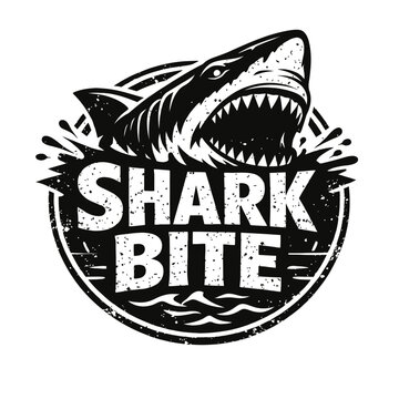 Black and white shark logo with bold typography and splashes on a white background, representing a shark bite