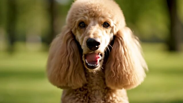 A focused portrait of a fluffy golden poodle with soft fur, set against a blurry green background