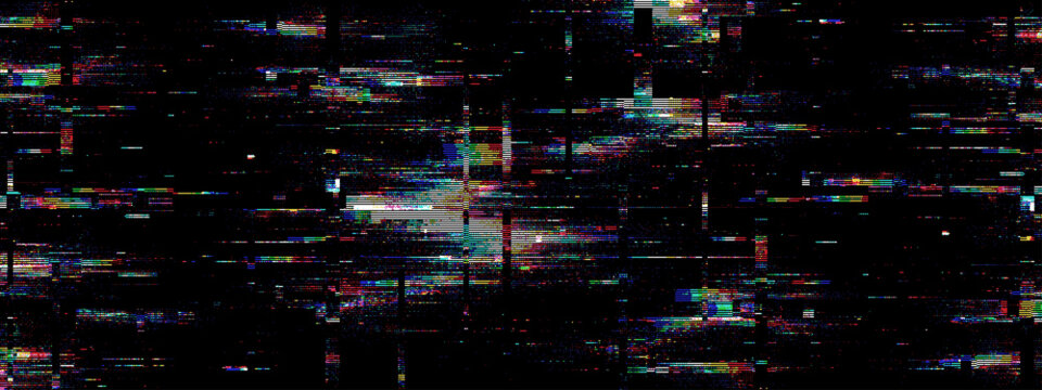 Glitch background with digital noise and distortion effects. Abstract corrupted screen texture for modern graphic design, video editing, internet art, and cyberpunk technology concepts.
