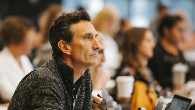 Focused attendee listening attentively in a busy weekend boot camp study group sharp in foreground against a blurred room environment.