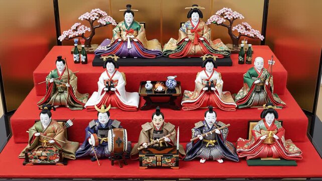 Japanese Hina Dolls Display with Cherry Blossoms and Traditional Attire