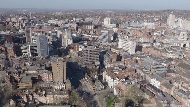 Establishing aerial view of Nottingham, city in the East Midlands of England, United Kingdom